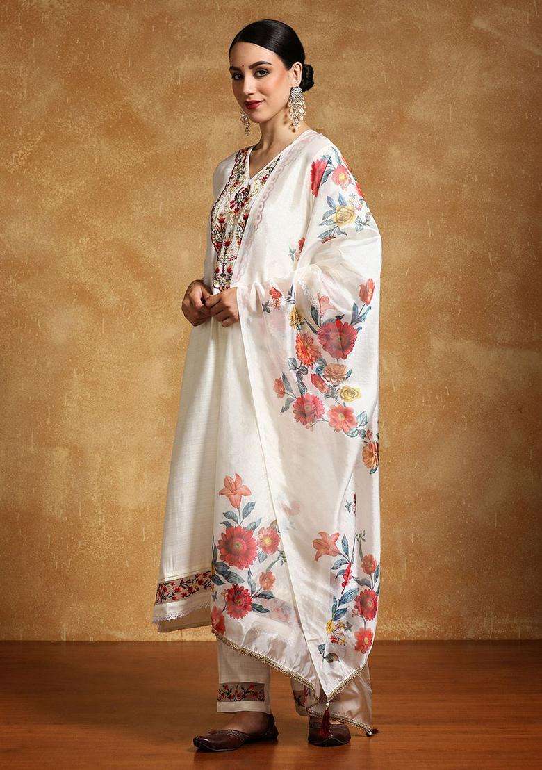 Off White Printed Silk Blend Kurta Set - Indya