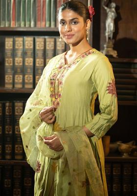 Green Printed Silk Kurta Set