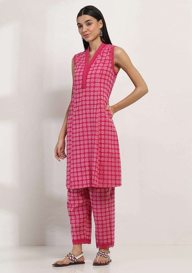 Pink Printed Cotton Kurta Set - Indya