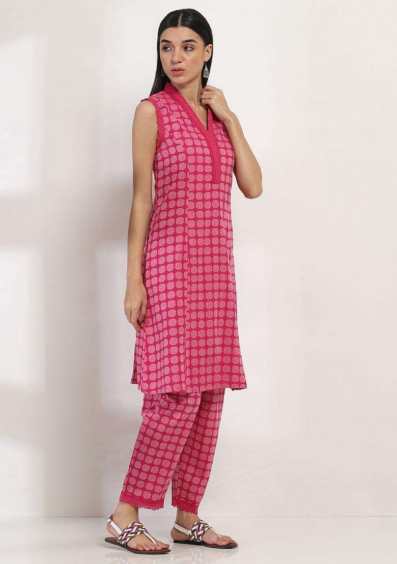 Pink Printed Cotton Kurta Set - Indya