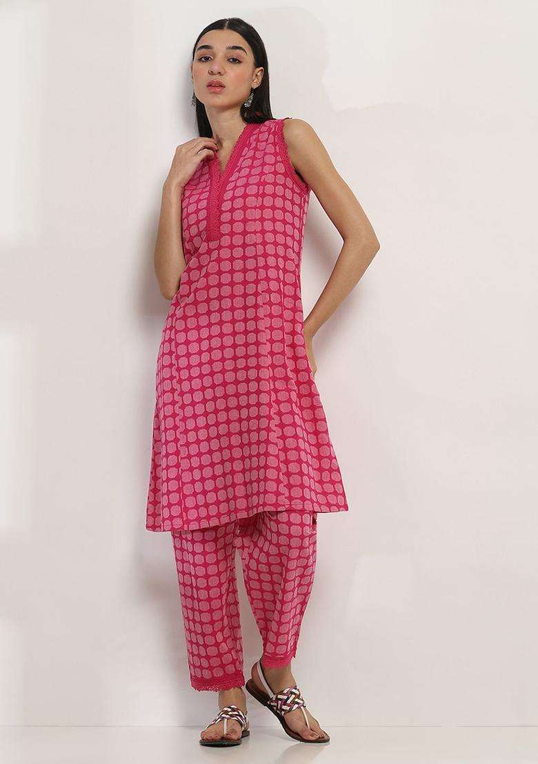 Pink Printed Cotton Kurta Set - Indya