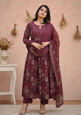 Maroon Printed Viscose Kurta Set