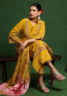 Mustard Embroidered Cotton Kurta Set