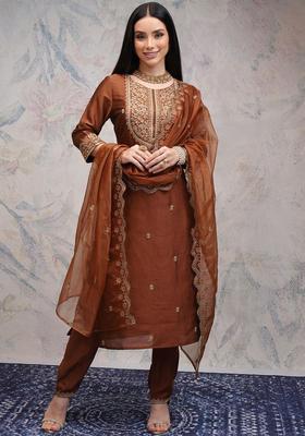 Rust Embroidered Polyester Kurta Set