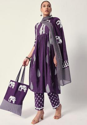 Purple Printed Cotton Kurta Set