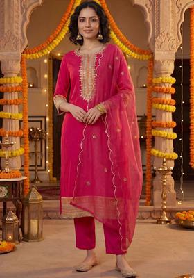 Fuchsia Embroidered Silk Kurta Set