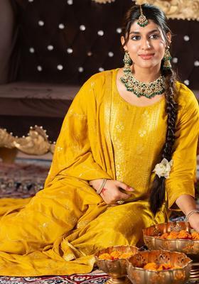 Yellow Woven Design Silk Blend Kurta Set