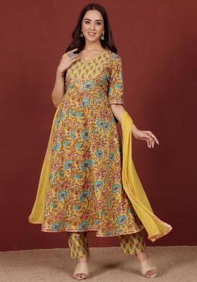 Yellow Printed Cotton Kurta Set