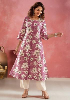 Purple Printed Cotton Kurta Set