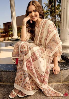 White Woven Design Cotton Kurta Set