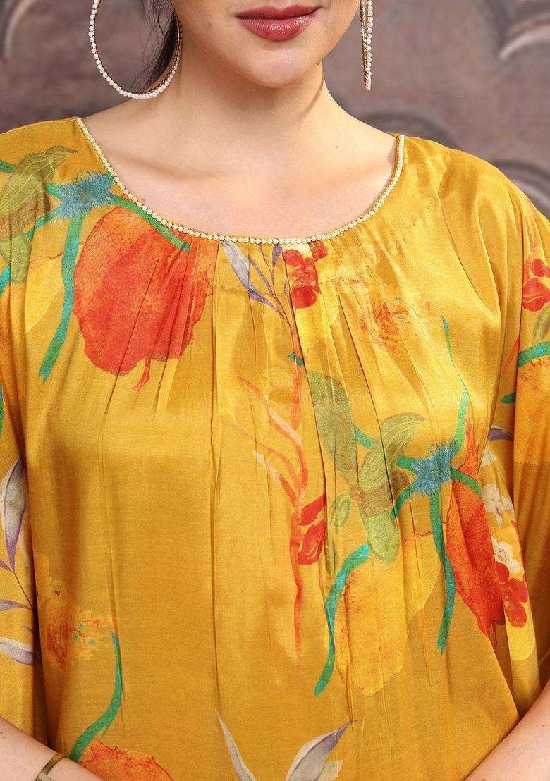 Mustard Printed Viscose Kurta Set - Indya