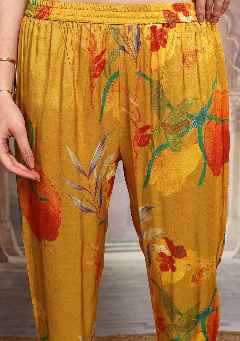 Mustard Printed Viscose Kurta Set - Indya