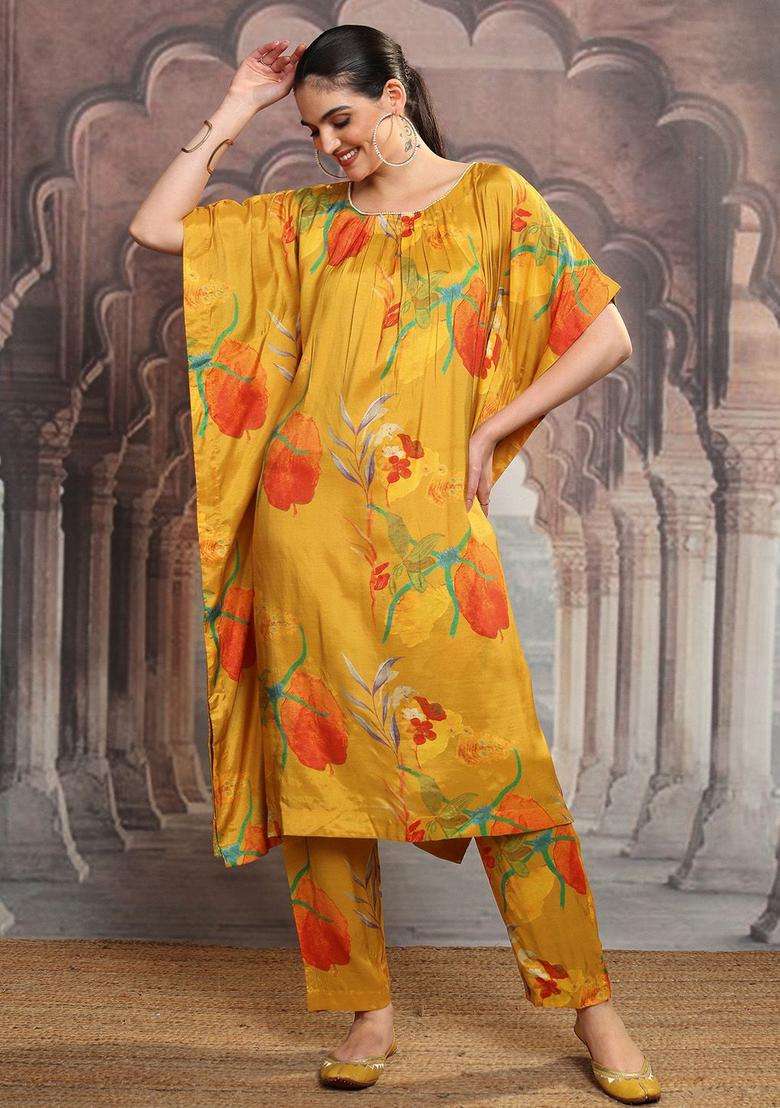 Mustard Printed Viscose Kurta Set - Indya
