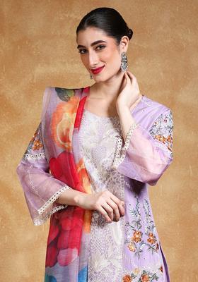 Lavender Embroidered Cotton Kurta Set