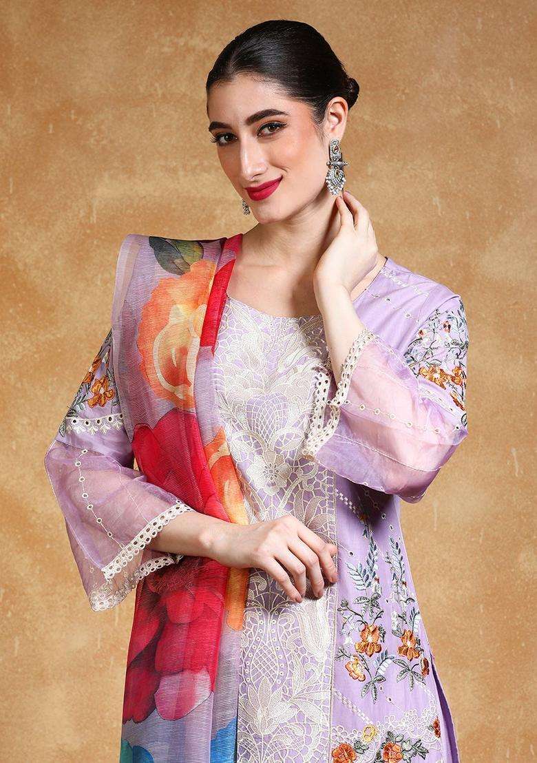 Lavender Embroidered Cotton Kurta Set - Indya