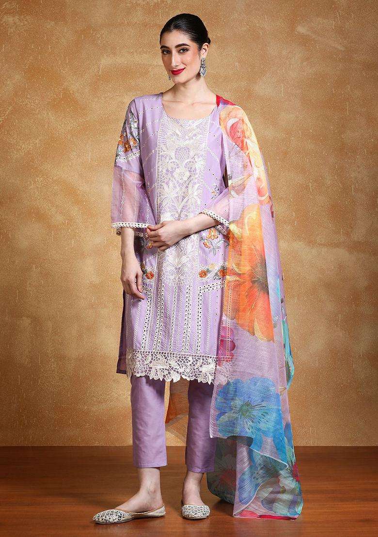 Lavender Embroidered Cotton Kurta Set - Indya