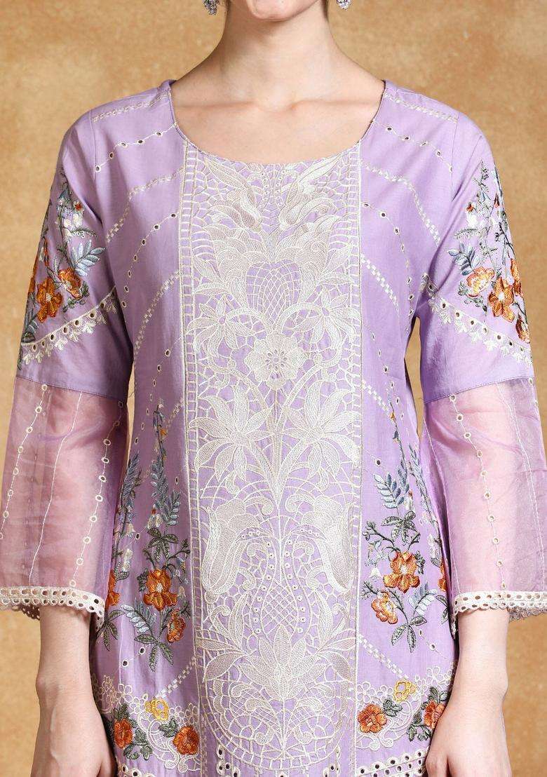 Lavender Embroidered Cotton Kurta Set - Indya