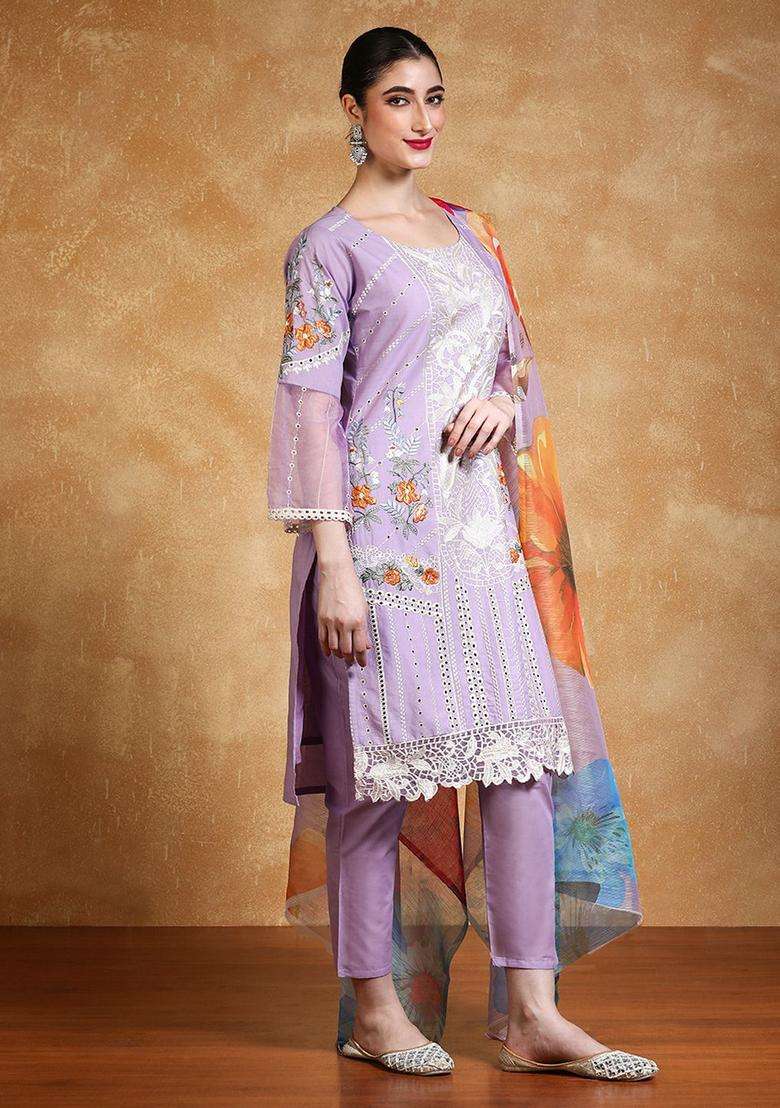 Lavender Embroidered Cotton Kurta Set - Indya