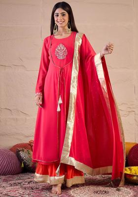 Red Embroidered Georgette Anarkali Set