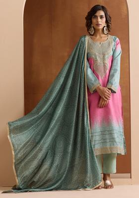 Pink Embroidered Chinon Kurta Set