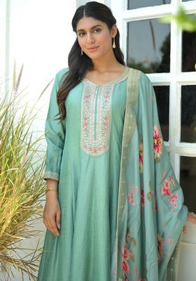 Sea Green Embroidered Silk Kurta Set