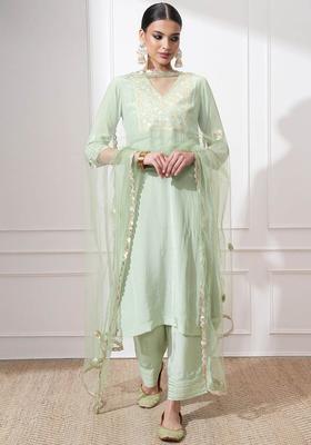 Green Embroidered Polyester Kurta Set