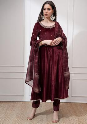 Maroon Printed Polyester Kurta Set