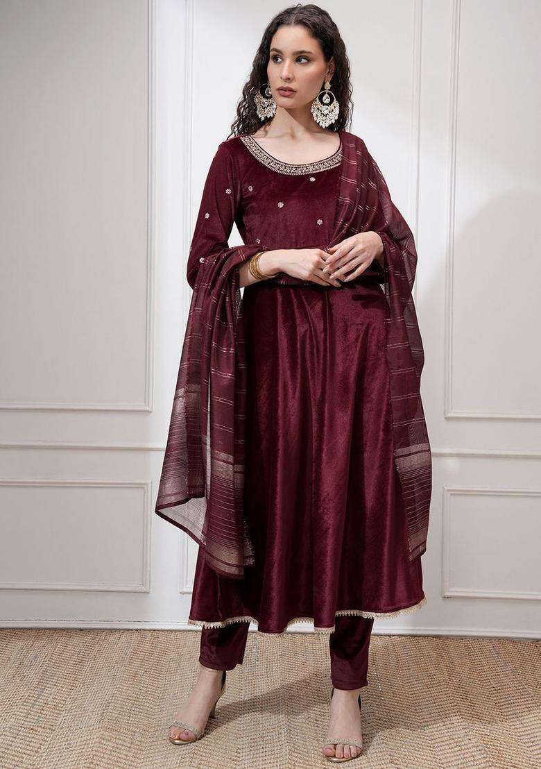 Maroon Printed Polyester Kurta Set - Indya