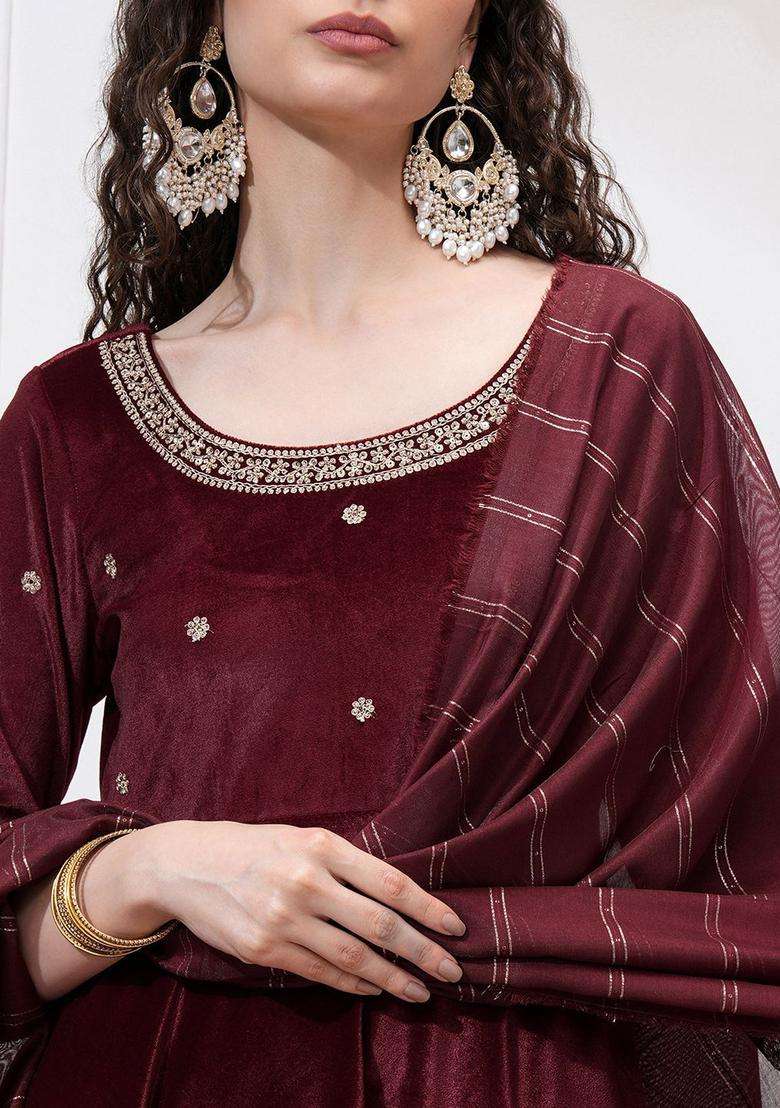 Maroon Printed Polyester Kurta Set - Indya
