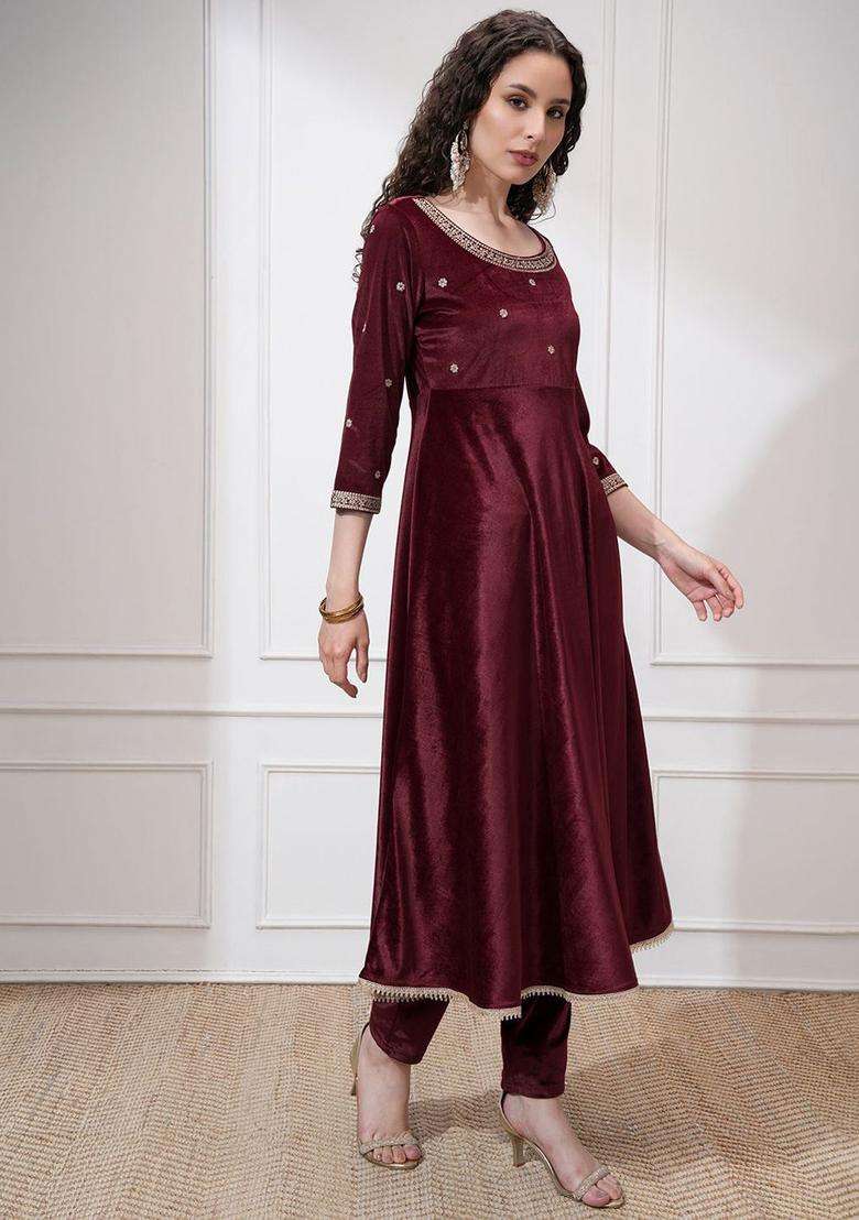 Maroon Printed Polyester Kurta Set - Indya