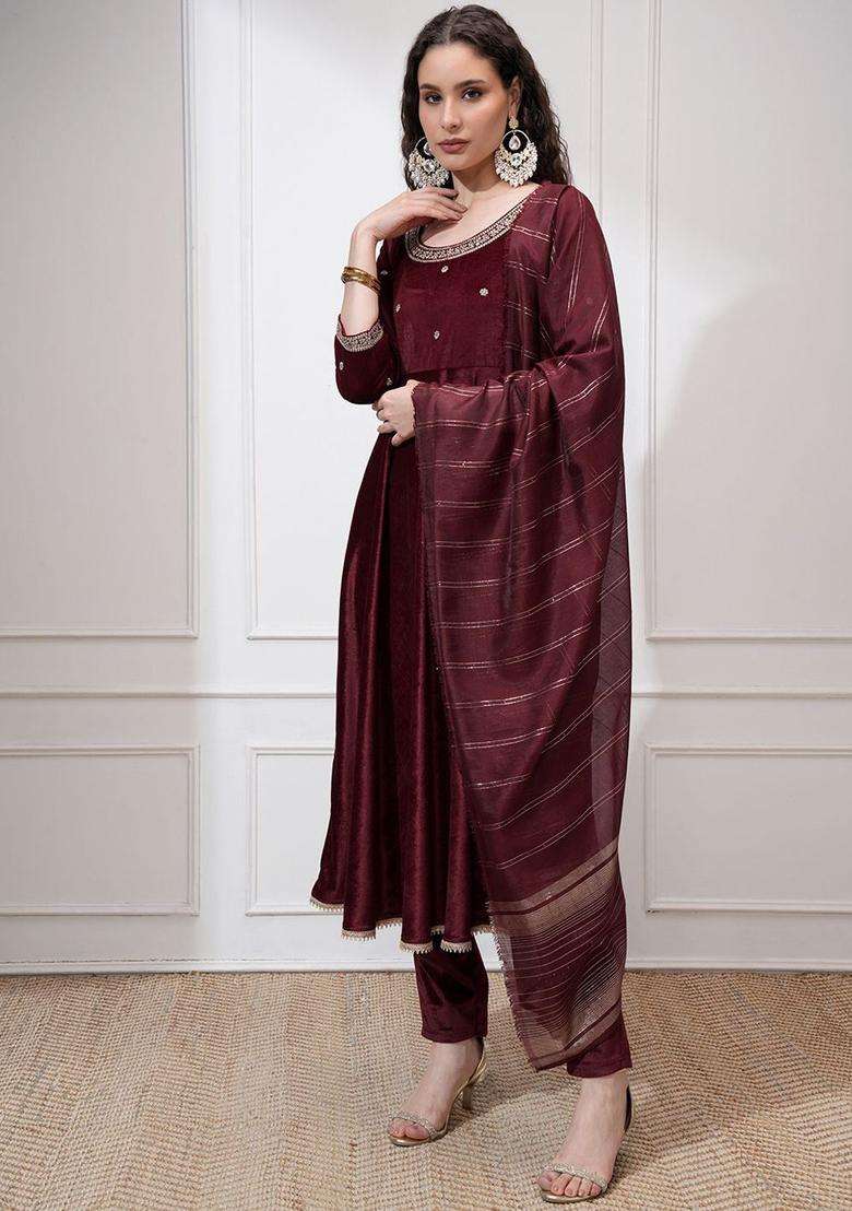 Maroon Printed Polyester Kurta Set - Indya