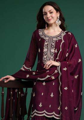 Burgundy Embroidered Silk Sharara Set