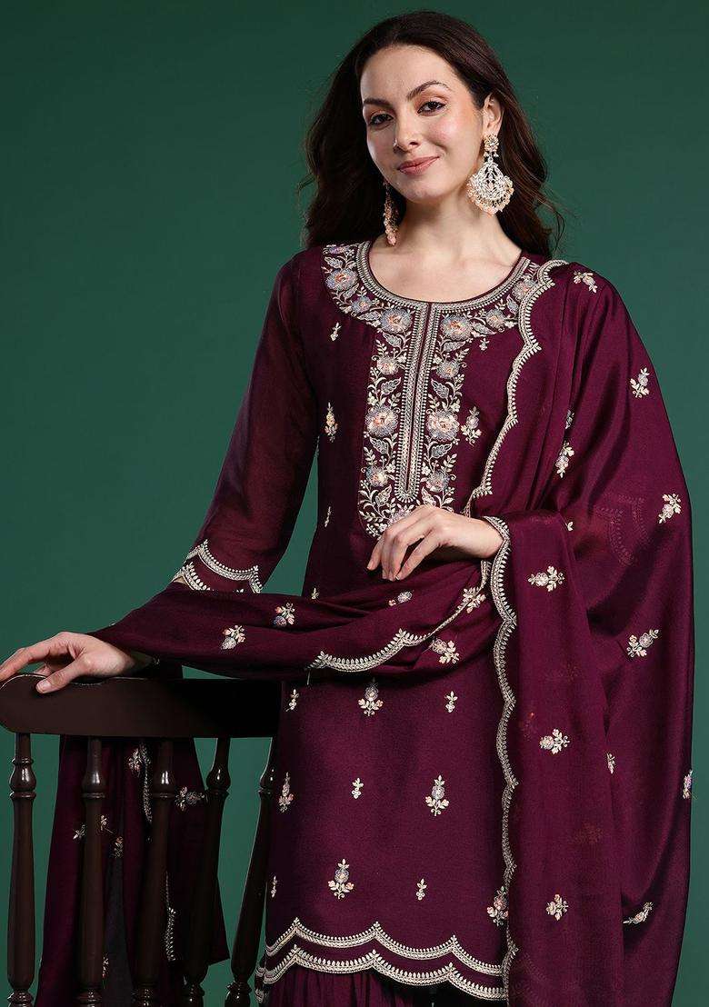 Burgundy Embroidered Silk Sharara Set - Indya
