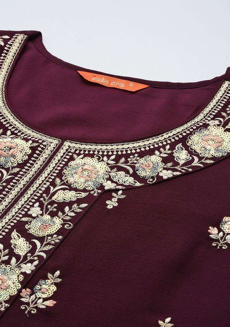 Burgundy Embroidered Silk Sharara Set - Indya