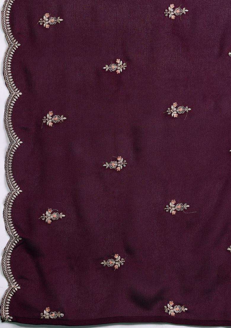 Burgundy Embroidered Silk Sharara Set - Indya