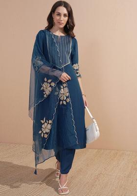 Navy Blue Embroidered Viscose Kurta Set