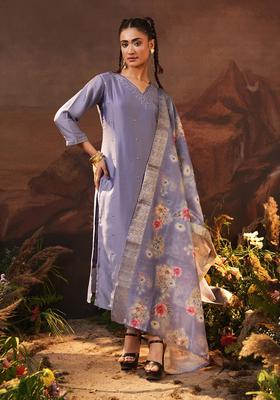 Purple Embroidered Crepe Kurta Set