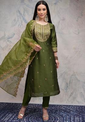 Green Embroidered Polyester Kurta Set