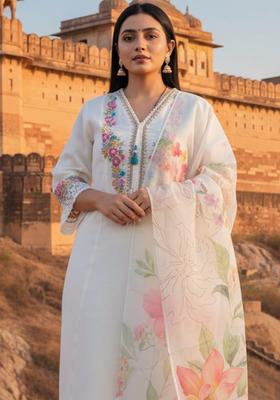 Off White Embroidered Cotton Kurta Set