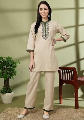 Beige Yoke Design Cotton Kurta Set