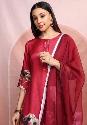 Red Printed Viscose Kurta Set