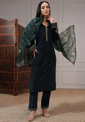 Green Printed Polyester Kurta Set