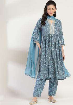 Grey Printed Viscose Kurta Set
