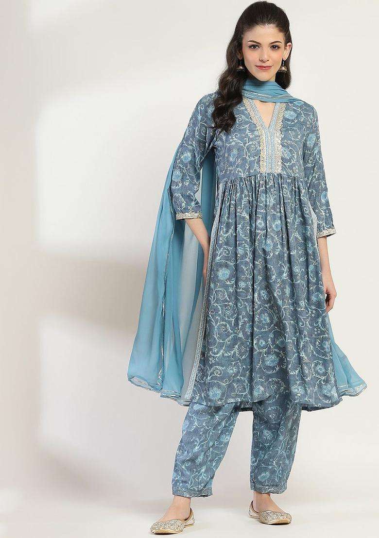 Grey Printed Viscose Kurta Set - Indya