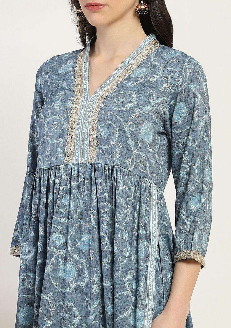 Grey Printed Viscose Kurta Set - Indya