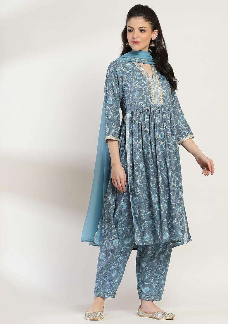 Grey Printed Viscose Kurta Set - Indya