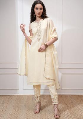 Cream Printed Polyester Kurta Set