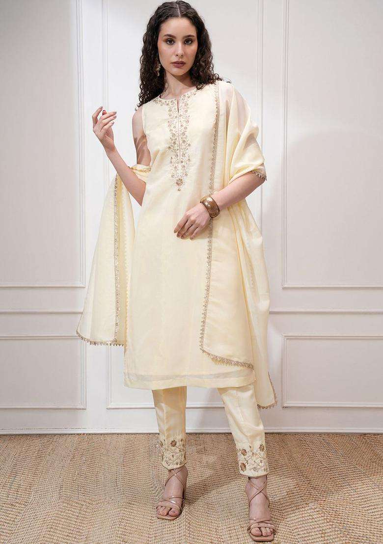 Cream Printed Polyester Kurta Set - Indya