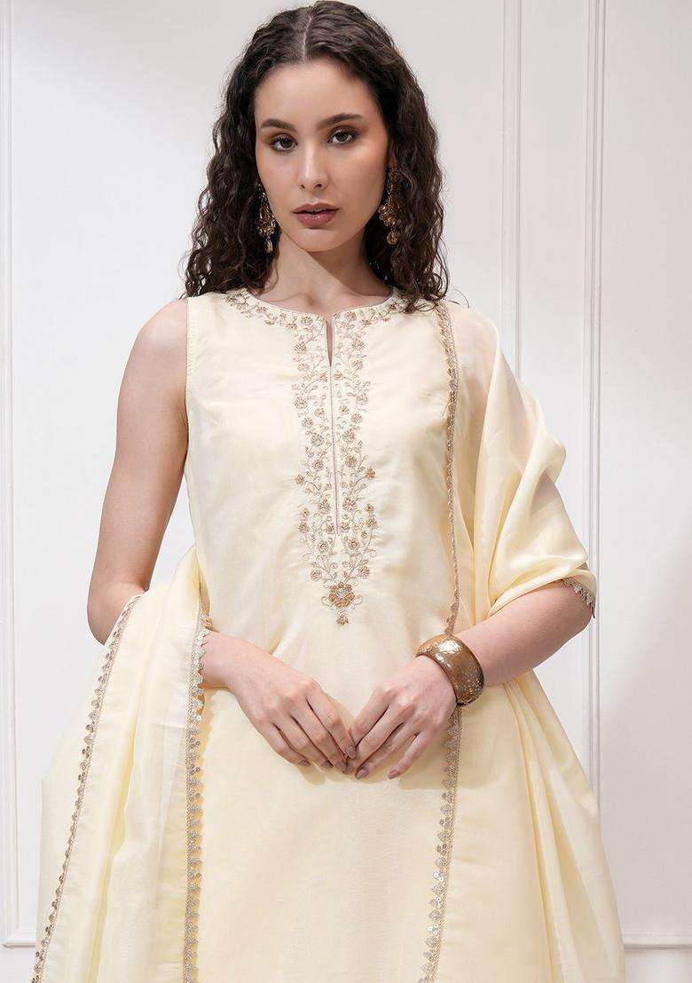 Cream Printed Polyester Kurta Set - Indya