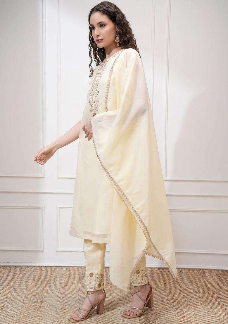 Cream Printed Polyester Kurta Set - Indya